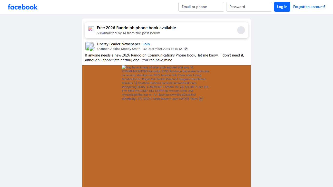 Liberty Leader Newspaper If anyone needs a new 2026 Randolph Communications Phone book, let me know Facebook
